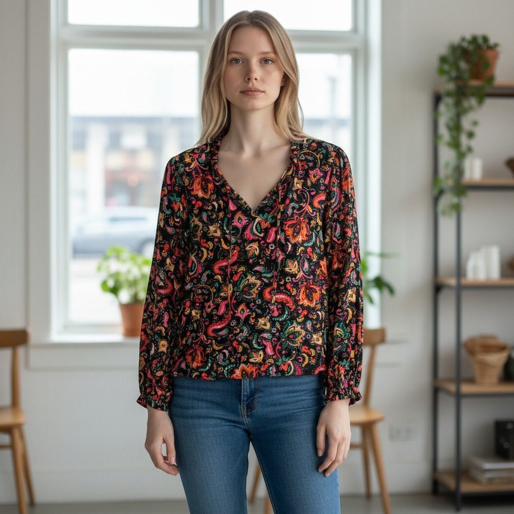 Croft & Barrow Womens Petite PM Paisley Floral Rayon V-Neck Blouse Black Multi